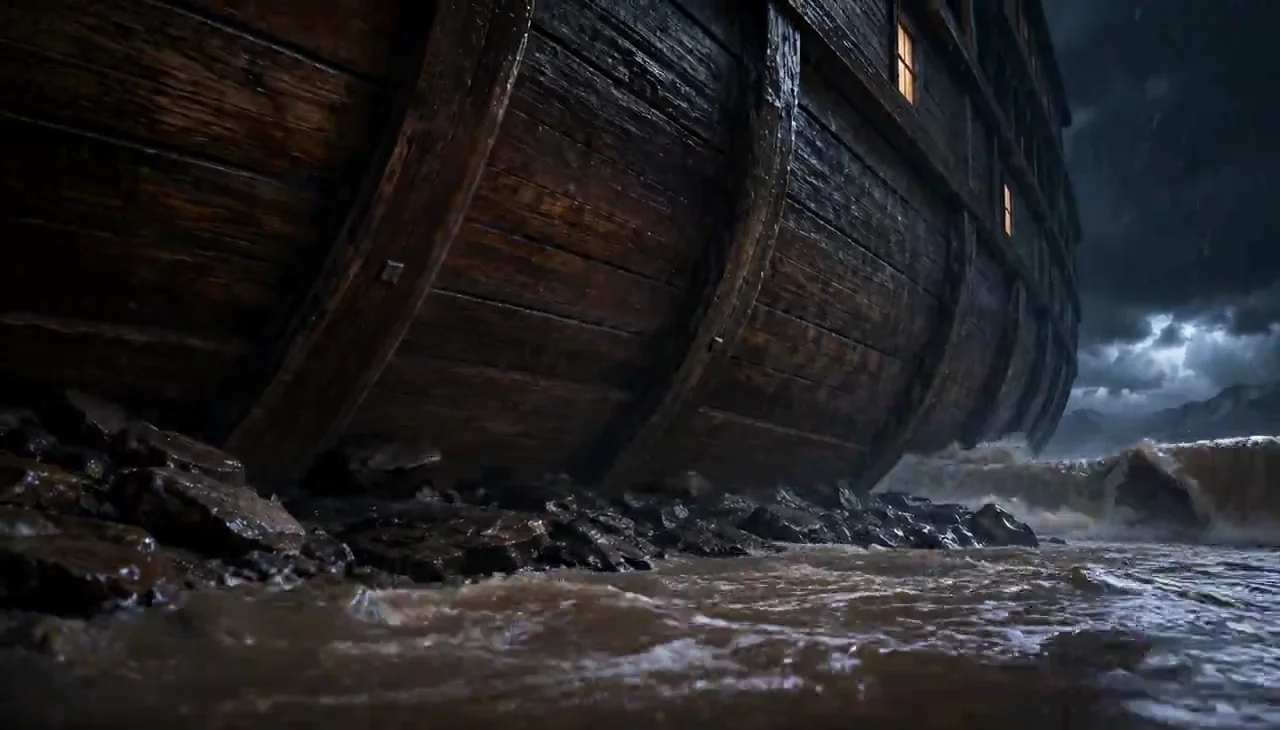 A ship in the storm and flood from the AI-generated production work