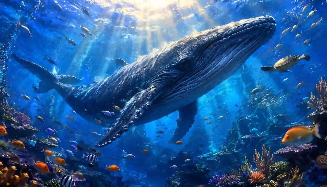 A whale underwater in a production excerpt